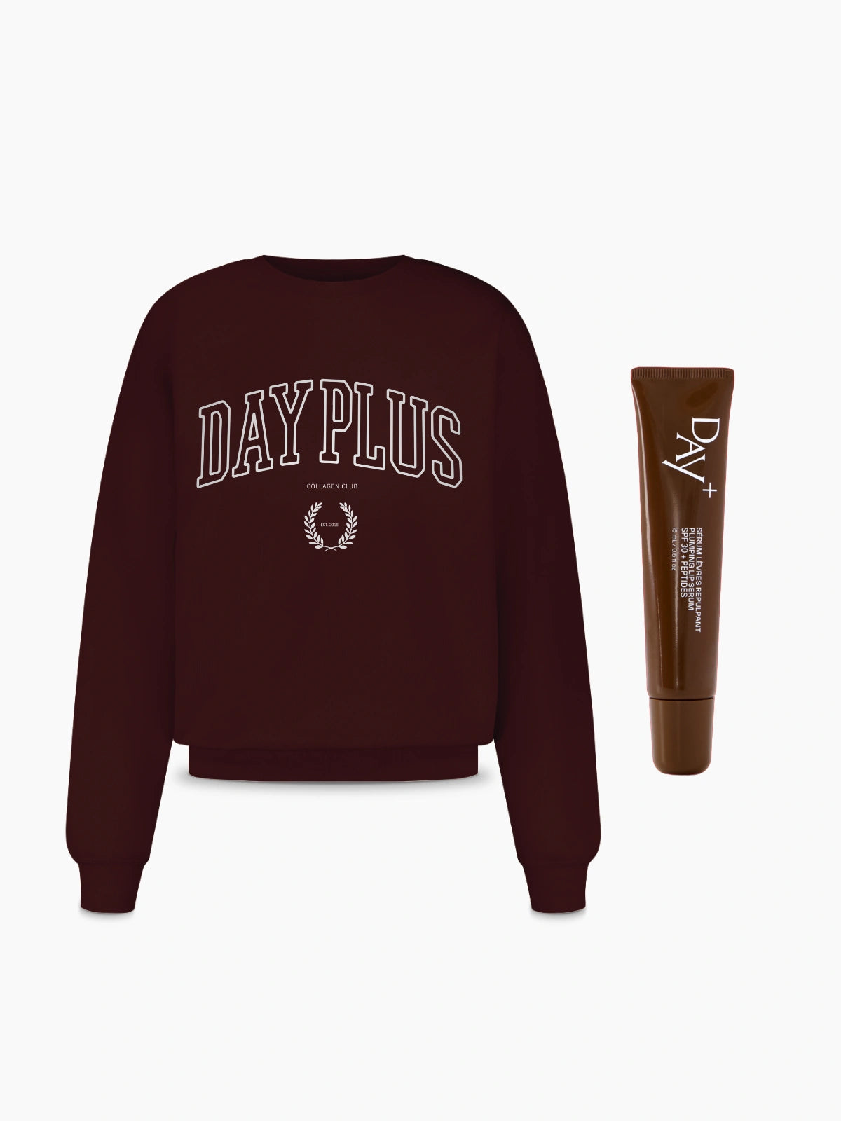 Duo Brown Édition composé du Sweatshirt marron Day+ University et du Sérum Lèvres Repulpant 02. Light Brown.