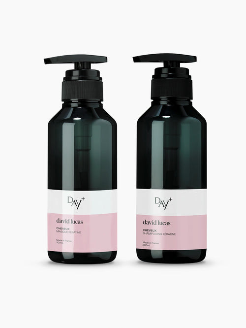 Duo de soins capillaires David Lucas x Day+ à base de Kératine.