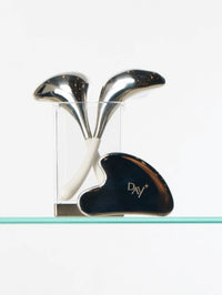 Duo de beauty tools : Cryo-spoons & Gua Sha sur une étagère de salle de bain.