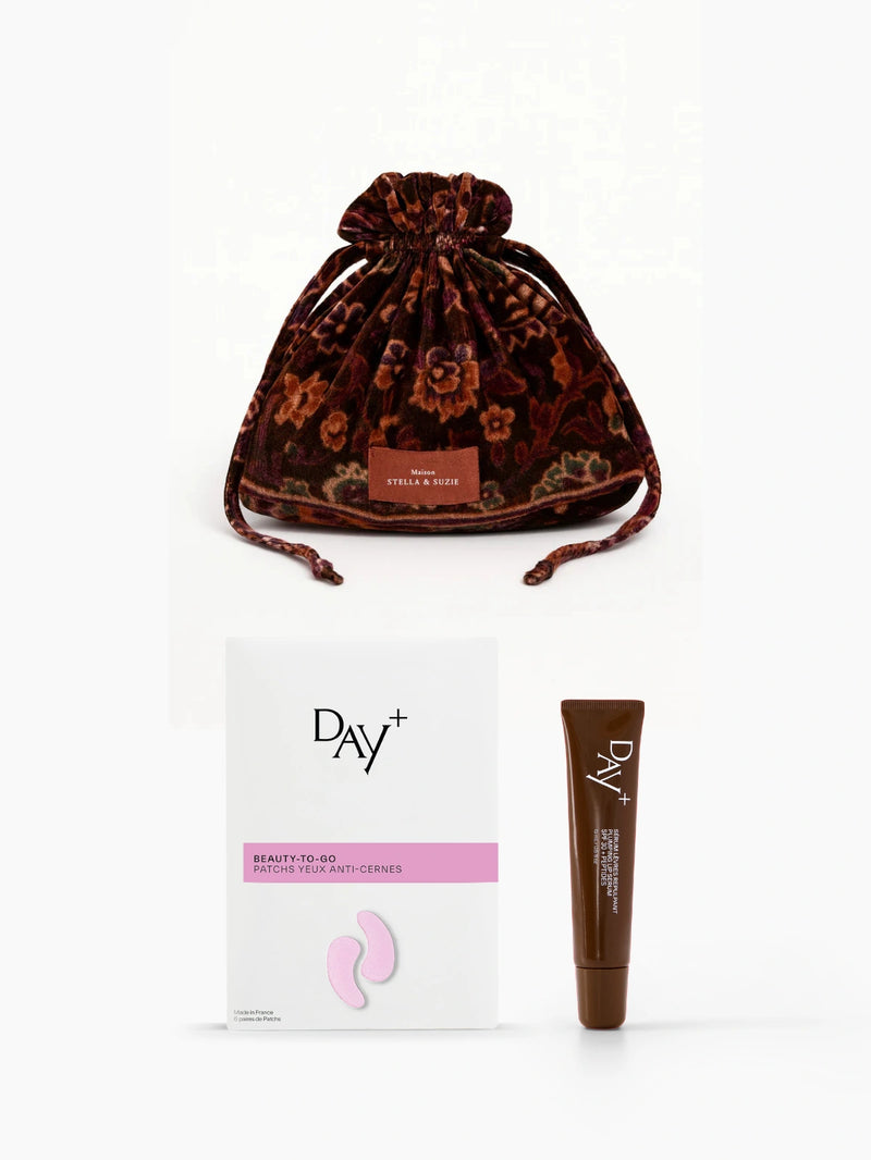 Collaboration de Noël Stella & Suzie x Day+, comprenant un pochon Macky, des Patchs Yeux Anti-cernes et un Sérum Lèvres 02. Light Brown.
