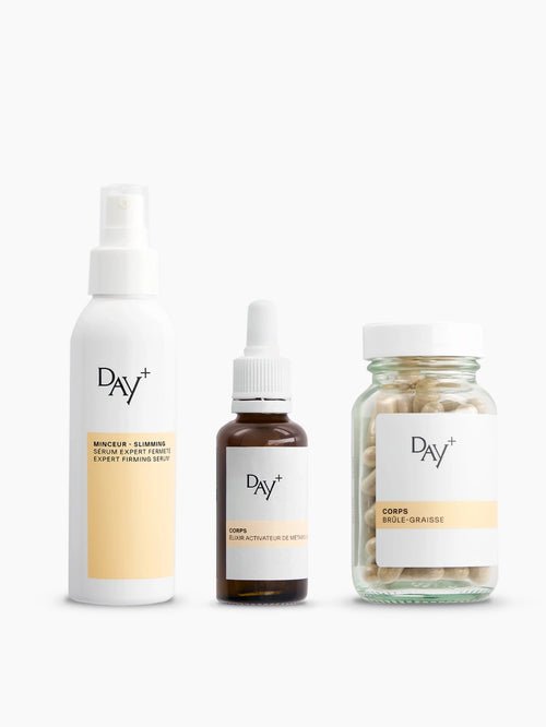 Trio de soins et compléments minceur, composé de l'Élixir Activateur de Métabolisme, du Brûle-Graisse et du Sérum Corps Expert Fermeté.