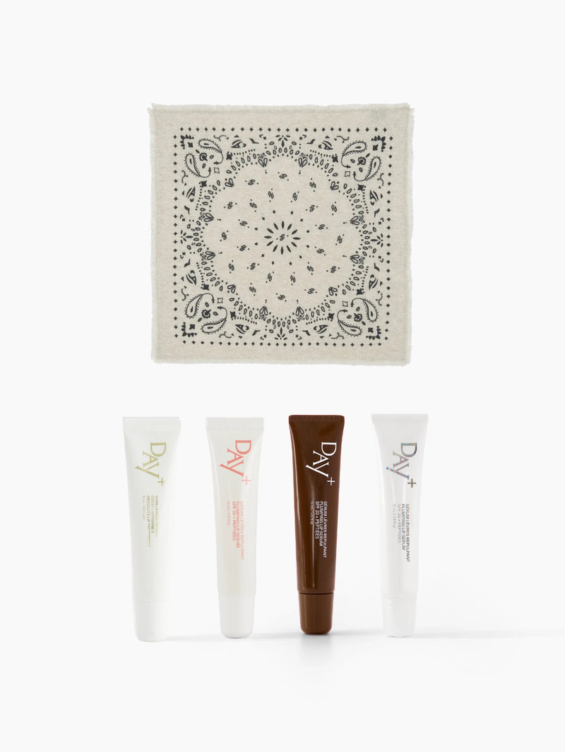 Collaboration de Noël Kujten x Day+ composé du bandana Hachi et de l'un de nos soins lèvres au choix.