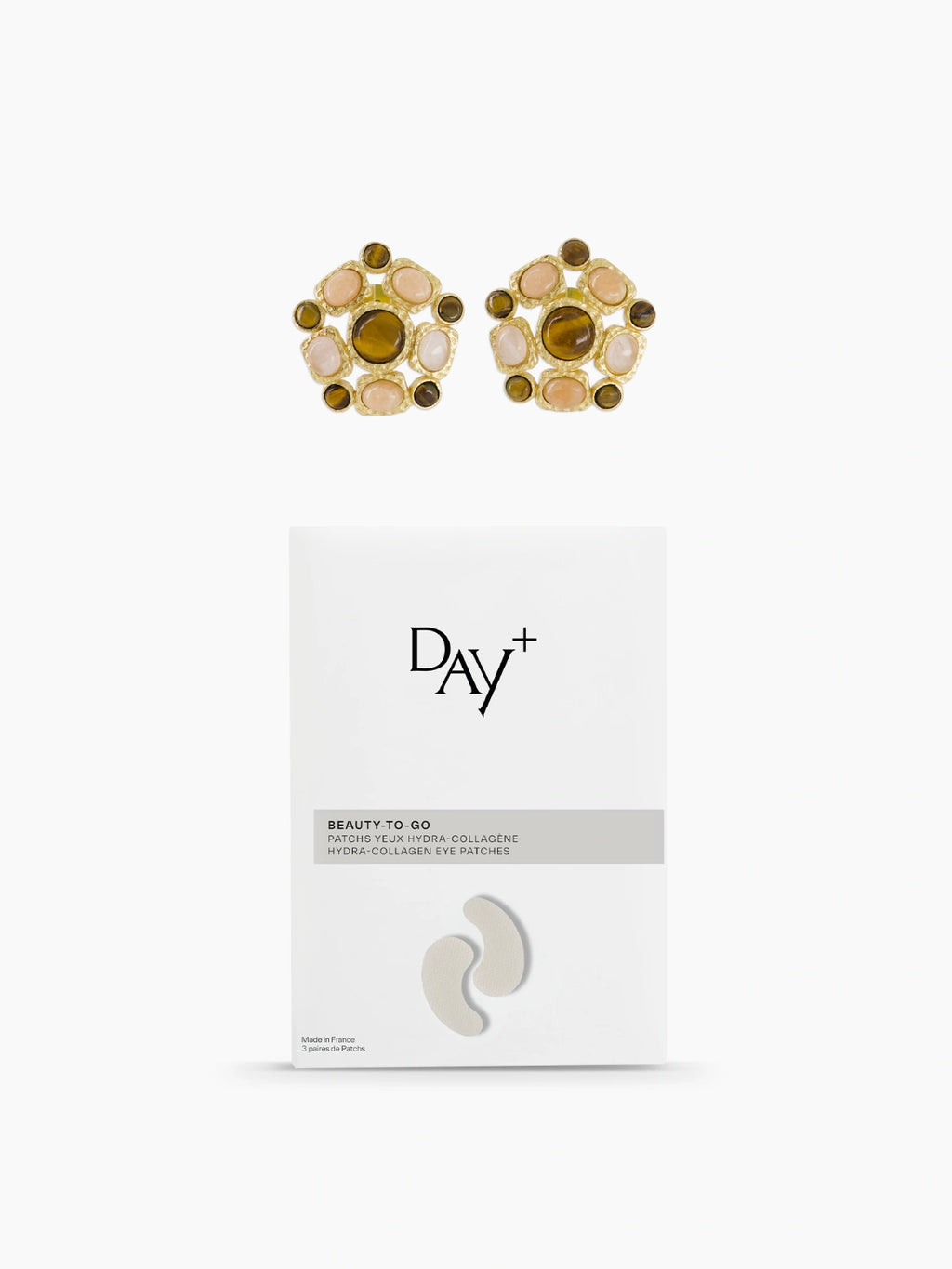 Collaborations de Noël Dear Charlotte x Day+ composé des Patchs Yeux Hydra-Collagène et des Boucles d'oreilles multi-pierres Dear Charlotte.