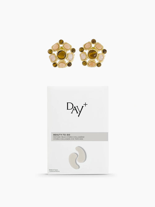 Collaborations de Noël Dear Charlotte x Day+ composé des Patchs Yeux Hydra-Collagène et des Boucles d'oreilles multi-pierres Dear Charlotte.