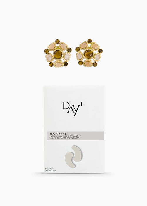Collaborations de Noël Dear Charlotte x Day+ composé des Patchs Yeux Hydra-Collagène et des Boucles d'oreilles multi-pierres Dear Charlotte.