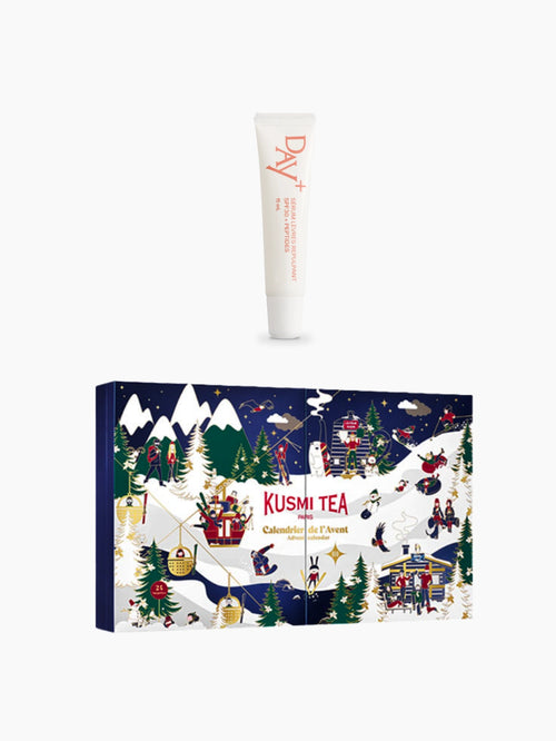 Collaboration de Noël Kusmi Tea x Day+ composé du calendrier de l'avent Kusmi Tea et de l'iconique Sérum Lèvres Repulpant.