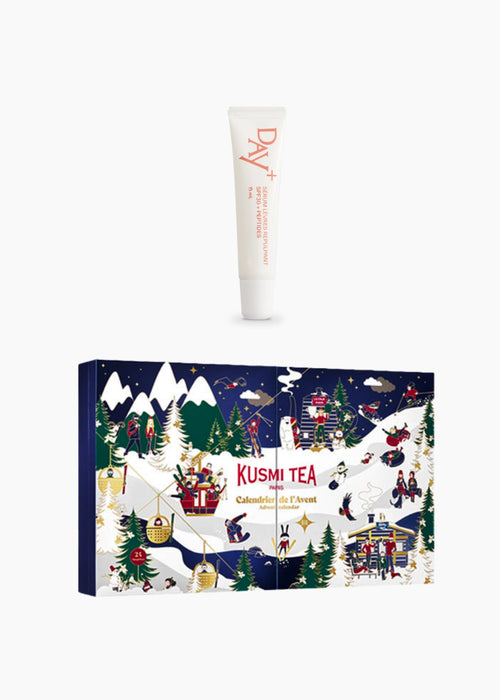 Collaboration de Noël Kusmi Tea x Day+ composé du calendrier de l'avent Kusmi Tea et de l'iconique Sérum Lèvres Repulpant.