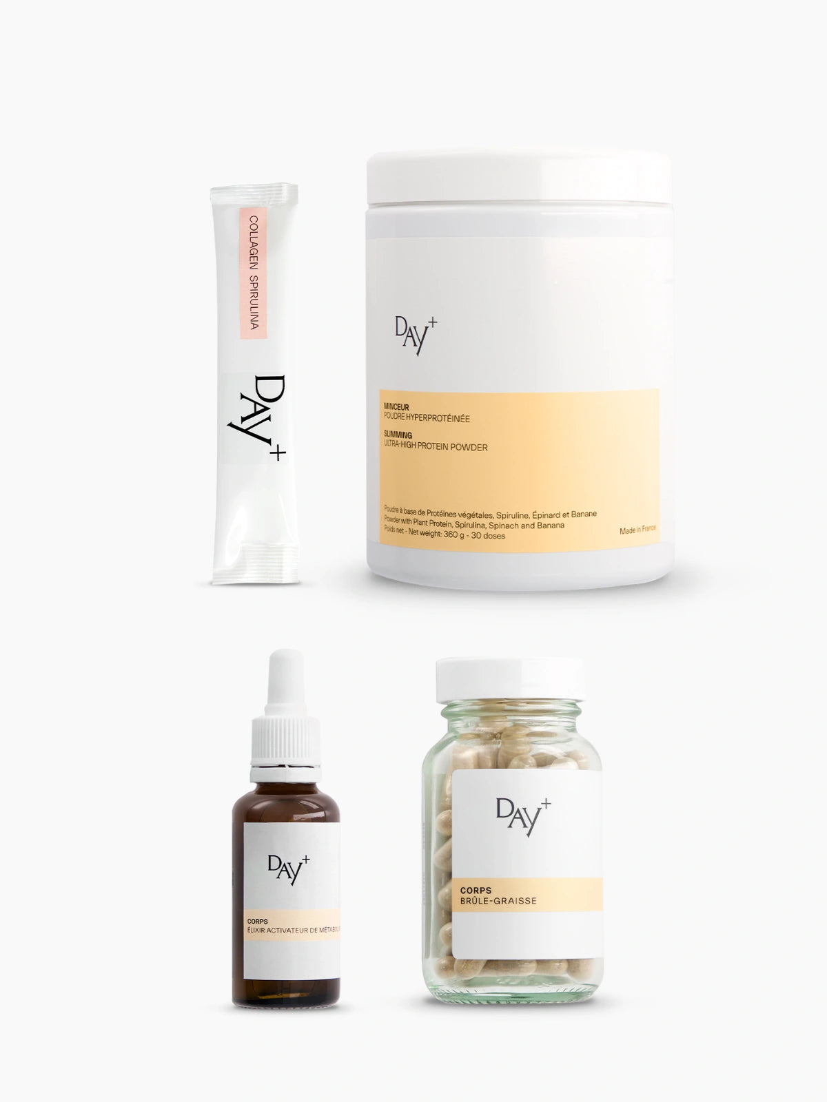 Coffret exclusif composé des Stick Collagène & Spirluine+, de l'Élixir Activateur de Métabolisme, du Brûle-Graisse et de la Poudre Hyperprotéinée.
