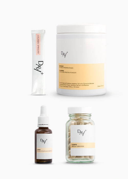 Coffret exclusif composé des Stick Collagène & Spirluine+, de l'Élixir Activateur de Métabolisme, du Brûle-Graisse et de la Poudre Hyperprotéinée.