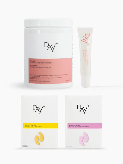 Coffret exclusif composé de la Poudre Collagène, du Sérum Lèvres, des Patchs Anti-âge et des Patchs Anti-cernes.