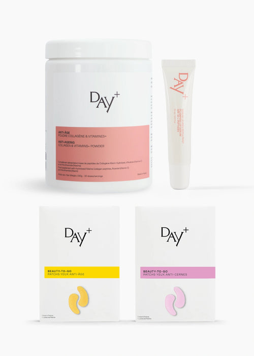 Coffret exclusif composé de la Poudre Collagène, du Sérum Lèvres, des Patchs Anti-âge et des Patchs Anti-cernes.