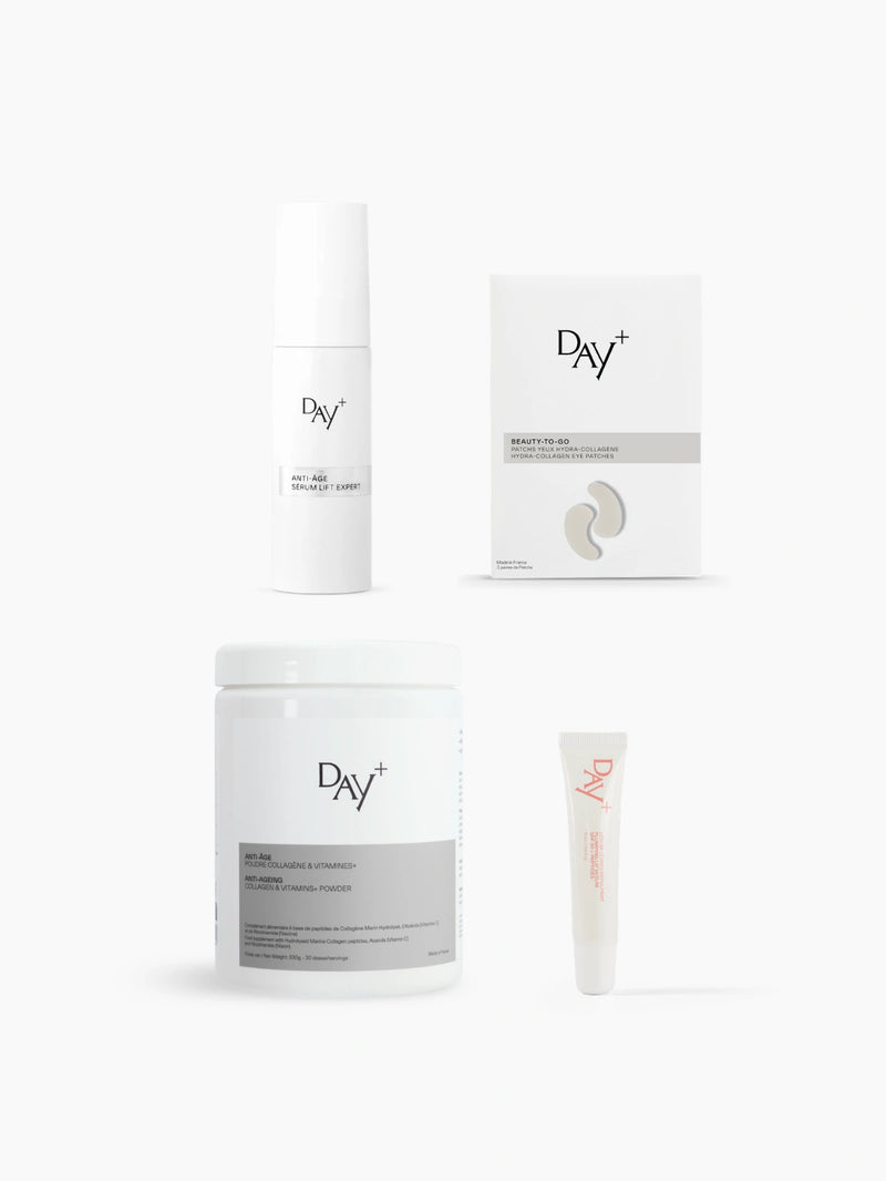Coffret avec 4 Produits dont 1 Sérum Lift Expert, une paire de Patch Hydra-Collagène pour les yeux, 1 pot de poudre Collagène & Vitamines+ et un Sérum Lèvres Repulpant, en teinte 01. Clear Gloss.
