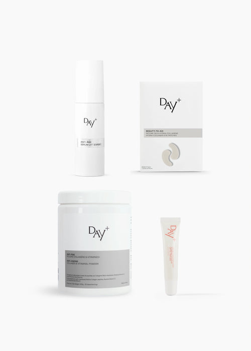 Coffret avec 4 Produits dont 1 Sérum Lift Expert, une paire de Patch Hydra-Collagène pour les yeux, 1 pot de poudre Collagène & Vitamines+ et un Sérum Lèvres Repulpant, en teinte 01. Clear Gloss.