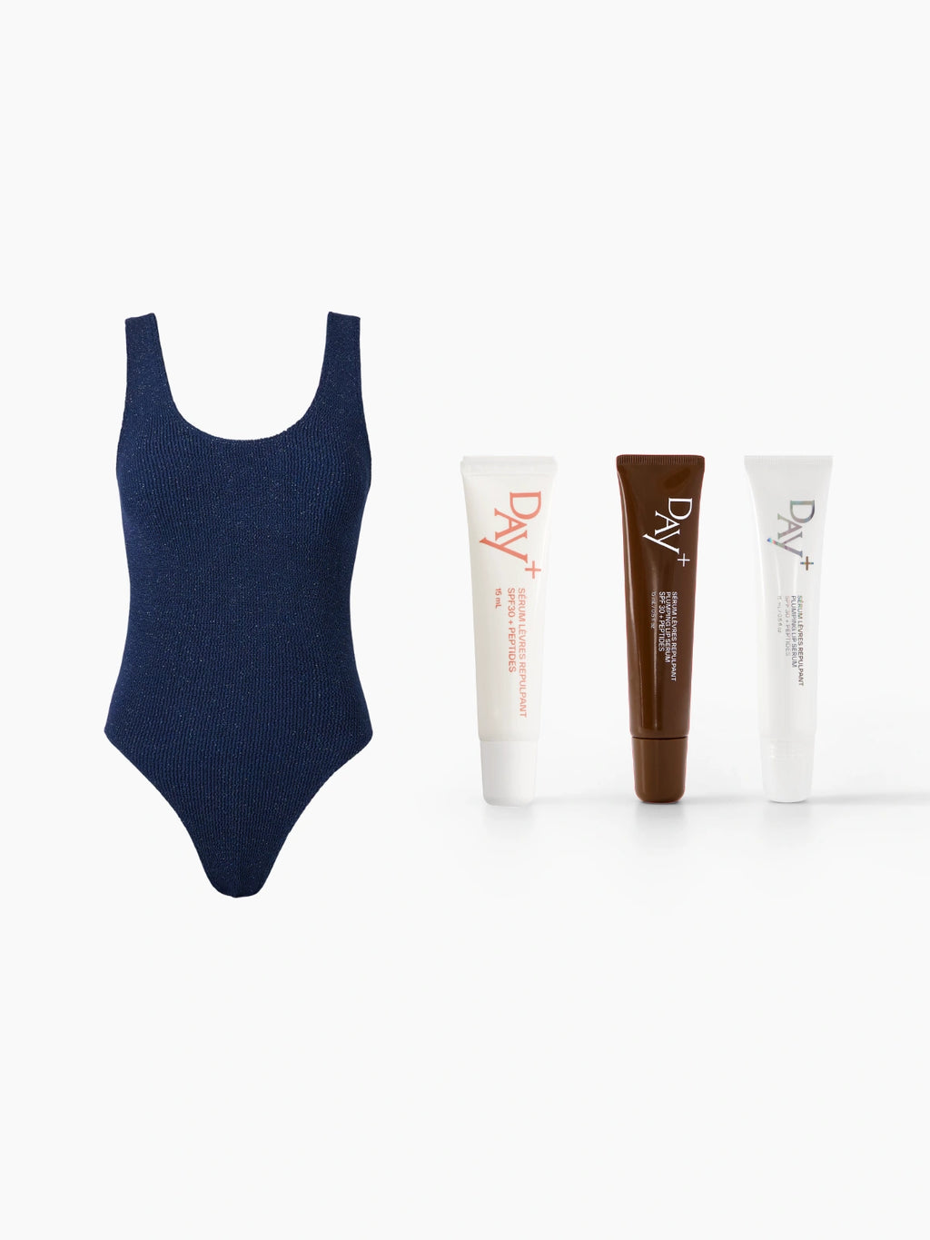 Packshot du maillot de bain une pièce Etam en couleur bleu nuit et de la collection de Sérums Lèvres Repulpants de chez Day+.