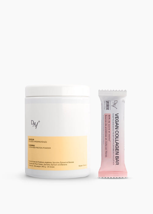 Duo Beauty Food composé de la Poudre Hyperprotéinée et de la Barre Vegan Booster de Collagène.