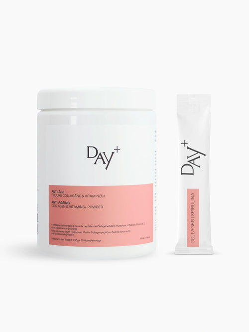 Duo de compléments à base de collagène : le stick à boire Collagène & Spiruline+ et la Pourdre Collagène & Vitamines+.