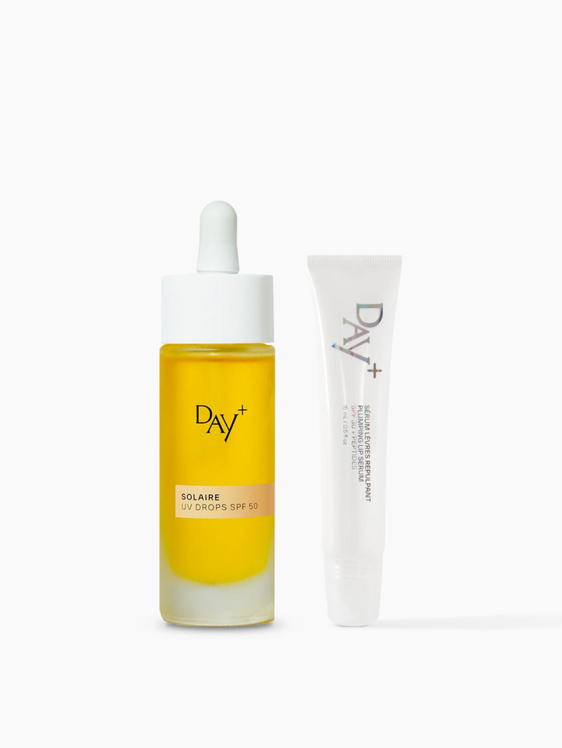 Duo SPF : flacon des UV Drops SPF 50 et tube du Sérum Lèvres Repulpant SPF 30 - Couleur 03.Glitter all over.
