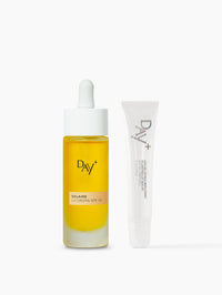 Duo SPF : flacon des UV Drops SPF 50 et tube du Sérum Lèvres Repulpant SPF 30 - Couleur 03.Glitter all over.