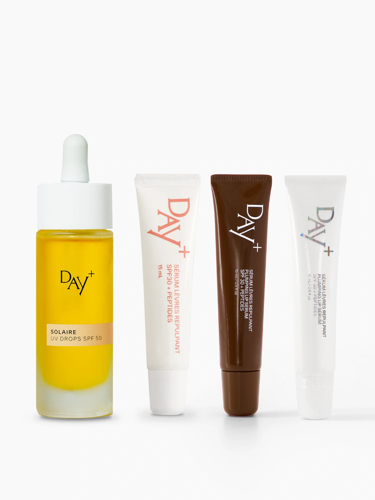 Coffret SPF avec le sérum solaire UV Drops SPF 50, les 3 coloris des Sérums Lèvres Repulpants SPF 30 + Peptides.