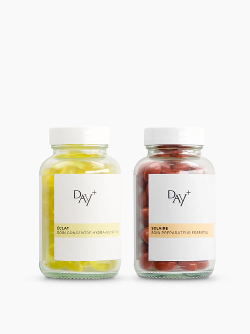Duo Sions Bonne Mine composé de 2 compléments alimentaires : le Soin Concentré Hydra-Nutrition et le Soin Préparateur Essentiel.