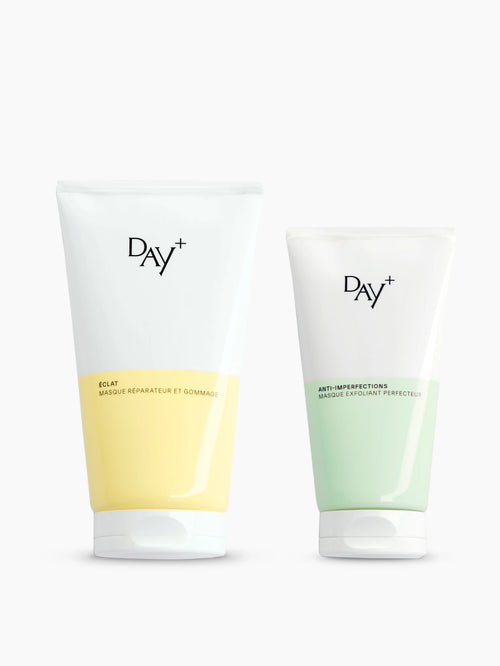 Duo de Masques Day+ : le Masque Réparateur & Gommage corps et visage et le Masque chauffant Exfoliant Anti-imperfections.