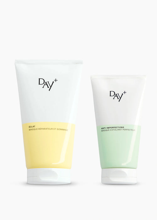 Duo de Masques Day+ : le Masque Réparateur & Gommage corps et visage et le Masque Exfoliant Perfecteur.