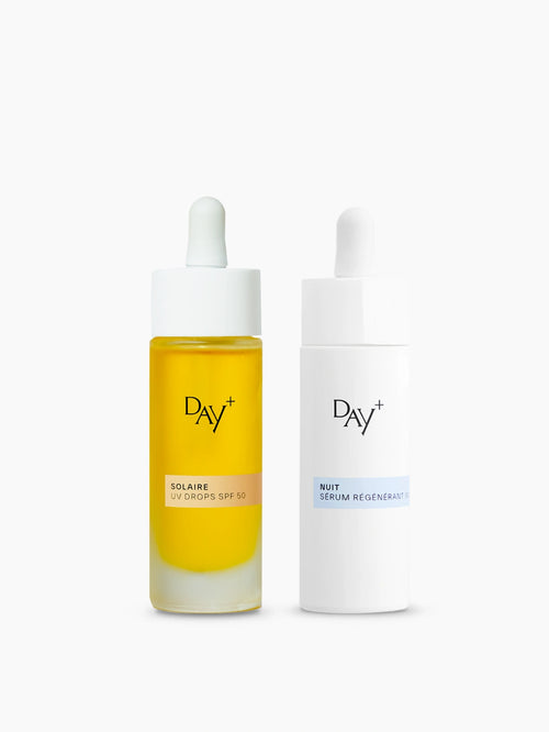 Duo de Sérums : le sérum solaire UV Drops SPF 50, et le Sérum Nuit Régénérant Intense.