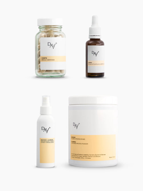 Photo des 4 produits présent dans le full kit minceur : gélules brûle-graisse, élixir de métabolisme, sérum corps expert fermeté, poudre hyperprotéinée.