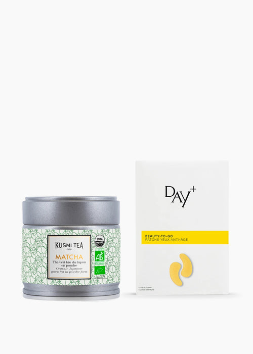 Collaboration de Noël Kusmi Tea x Day+ composé du Thé Matcha Bio et des Patchs Yeux Anti-âge.