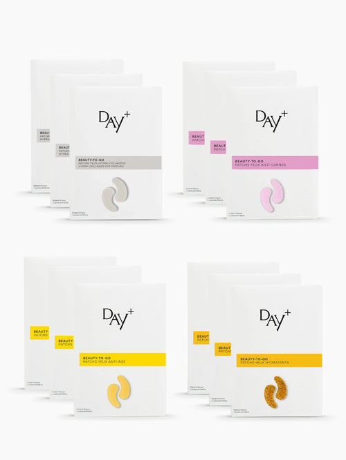 Boîte de chaque gamme de patchs : Hydra-collagène, Anti-cernes, Anti-âge et Hydratants.