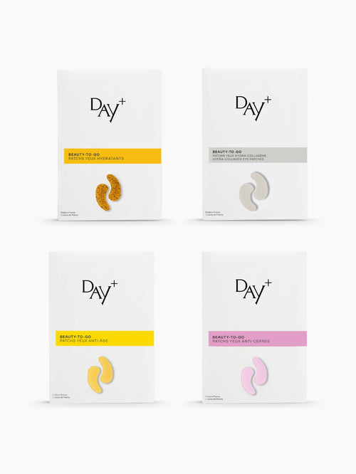 Boîte de chaque type de Patchs Yeux de la collection : Hydratants, Hydra-collagène, Anti-âge et Anti-cernes.