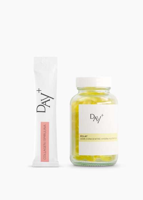 Duo Peau Parfaite composé du Stick Collagène & Spiruline+ et du Soin Concentré Hydra-Nutrition.