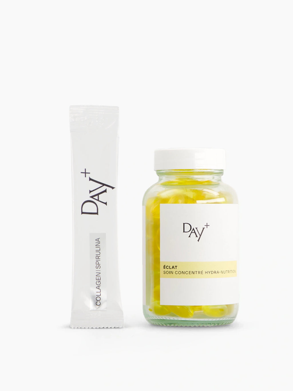 Duo de compléments alimentaires pour une peau parfaite composé des Stick au Collagène à boire et des capsules de Soin Concentré Hydra-nutrition.