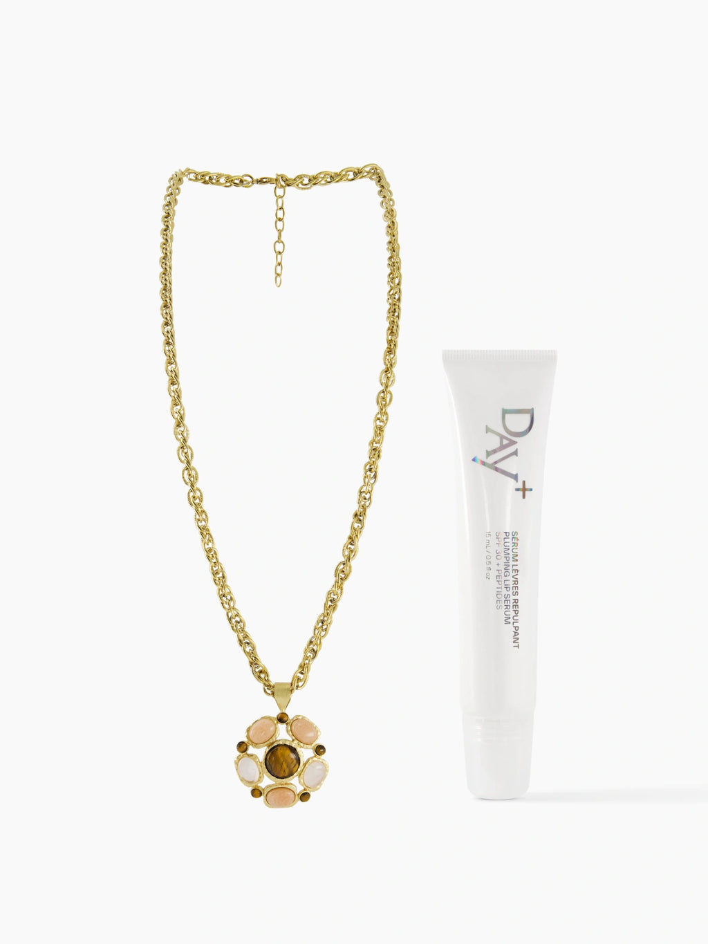 Collaboration de Noël Dear Charlotte x Day+ composé d'un sautoir multi-pierres et du Sérum Lèvres Irisé.