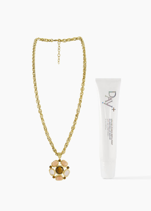 Collaboration de Noël Dear Charlotte x Day+ composé d'un sautoir multi-pierres et du Sérum Lèvres Irisé.