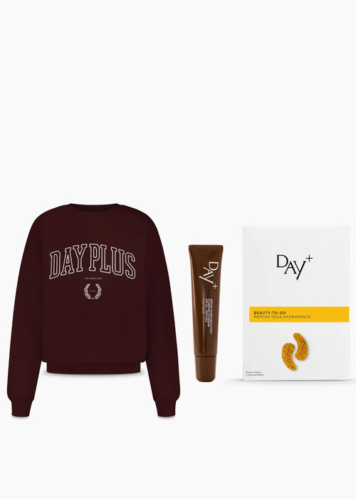 Trio Brown Edition composé du Sweatshirt marron Day+ University, du Sérum Lèvres Repulpant 02. Light Brown et des Patchs Yeux Hydratants.