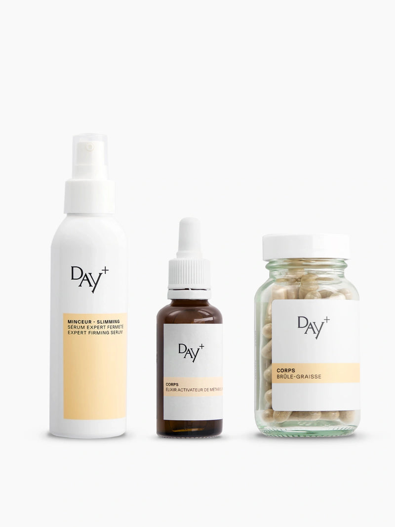 Trio de soins et compléments minceur, composé de l'Élixir Activateur de Métabolisme, du Brûle-Graisse et du Sérum Corps Expert Fermeté.
