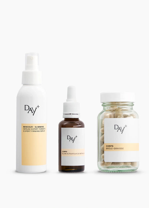 Trio de soins et compléments minceur, composé de l'Élixir Activateur de Métabolisme, du Brûle-Graisse et du Sérum Corps Expert Fermeté.