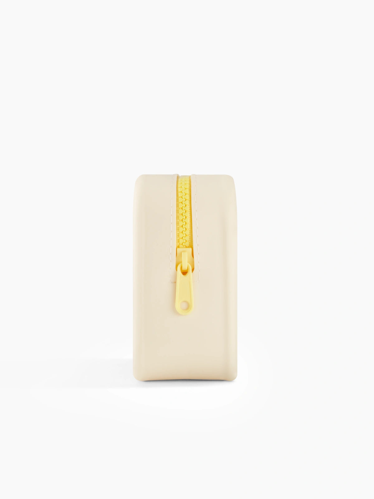 Trousse de voyage Day+ beige avec une fermeture jaune pastel vue de profil.